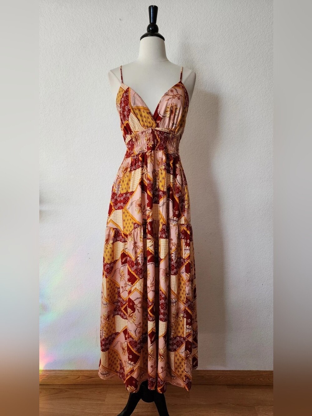 Boho Patchwork Maxi Dress in Burgundy & Mustard